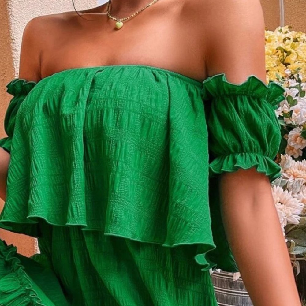 Boho Green  Off Shoulder Ruffle Hem Mini Dress - Picture 7 of 7